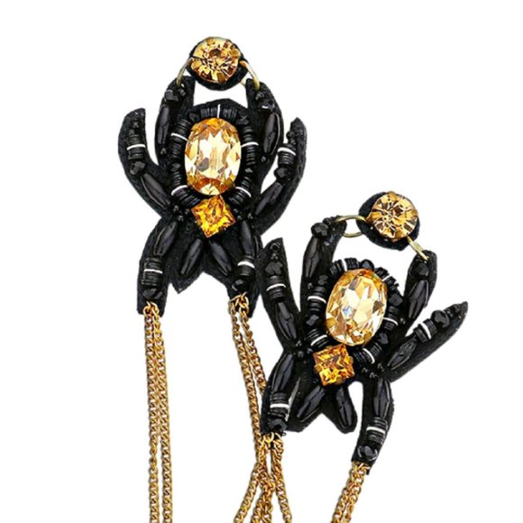 18K Gorgeous Topaz Crystal & Beaded 4" Long Black Widow Goth Spider Earrings NEW - Picture 4 of 4